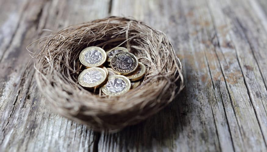 Retirement savings British pound coins in birds nest egg concept for pension plans